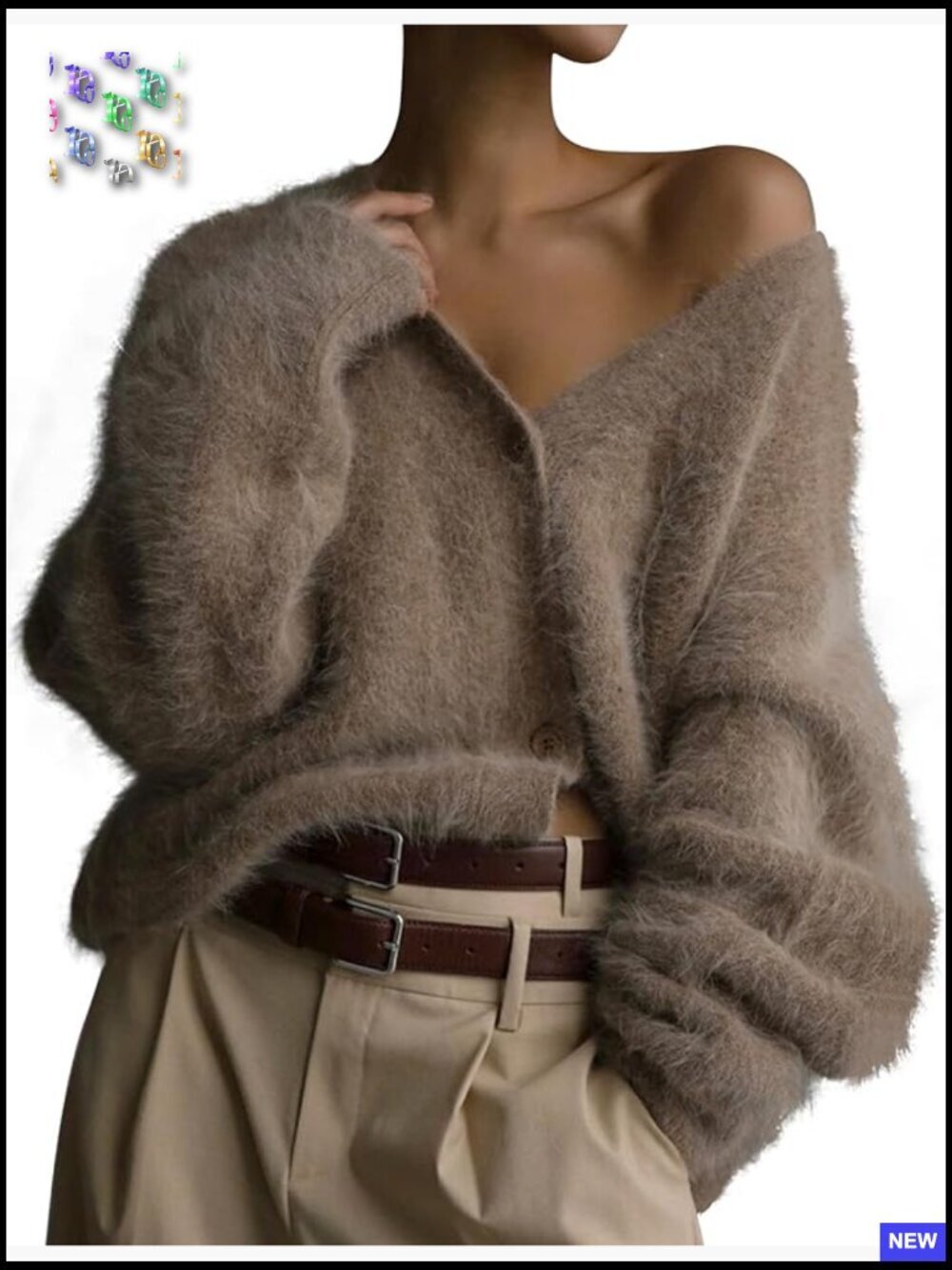 Fuzzy V-Neck Cardigan Oversized Drop Shoulder Long Sleeve Button Down Knit Coat